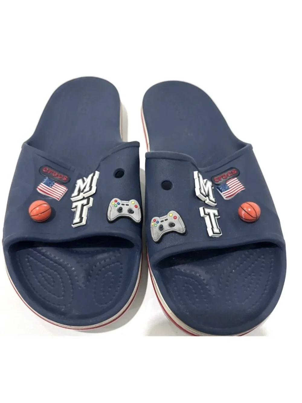Crocs Blue Bayaband Sandals Slides Flip Flop Jibbitz Mens 10 Womens 12